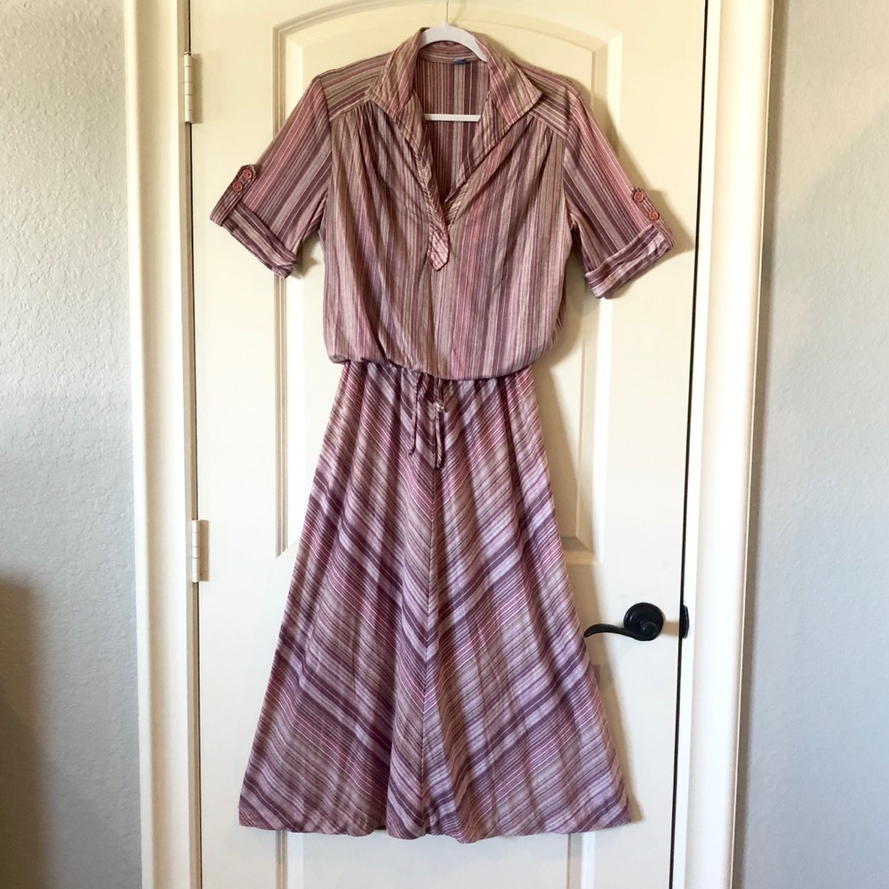 Vintage 70s Striped Knit Midi Dress Mauve Pink A-Line Academia Secretary Sz 16